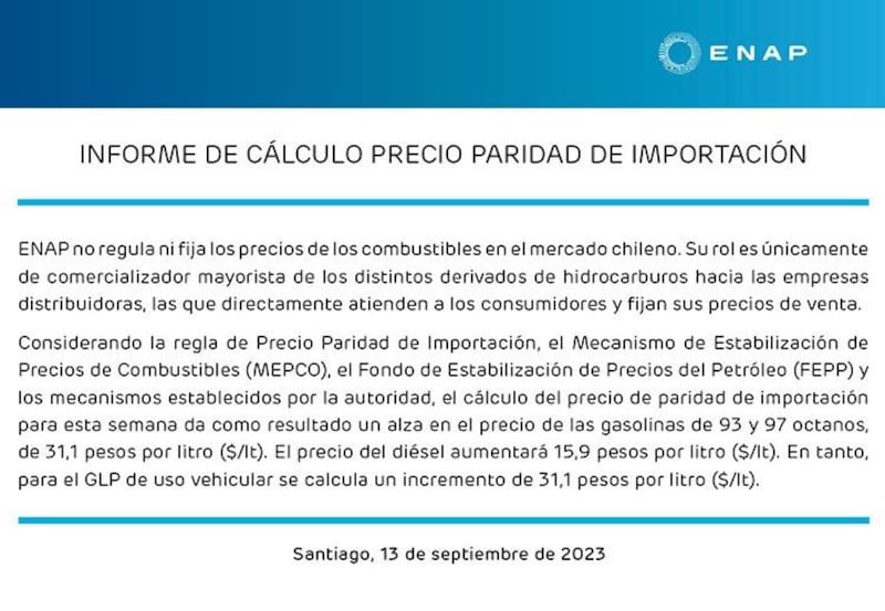 Informe ENAP Alza de Bencinas.