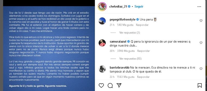 La publicación de Marcelo Díaz y el comentario de Johnny Herrera