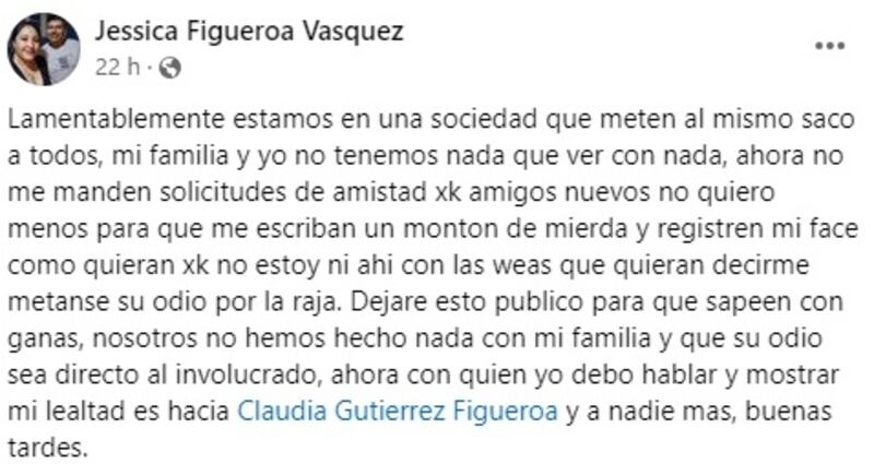 Jessica Figueroa pidió no involucrar a su familia con el crimen cometido por uno de sus parientes en contra de Michelle Silva.