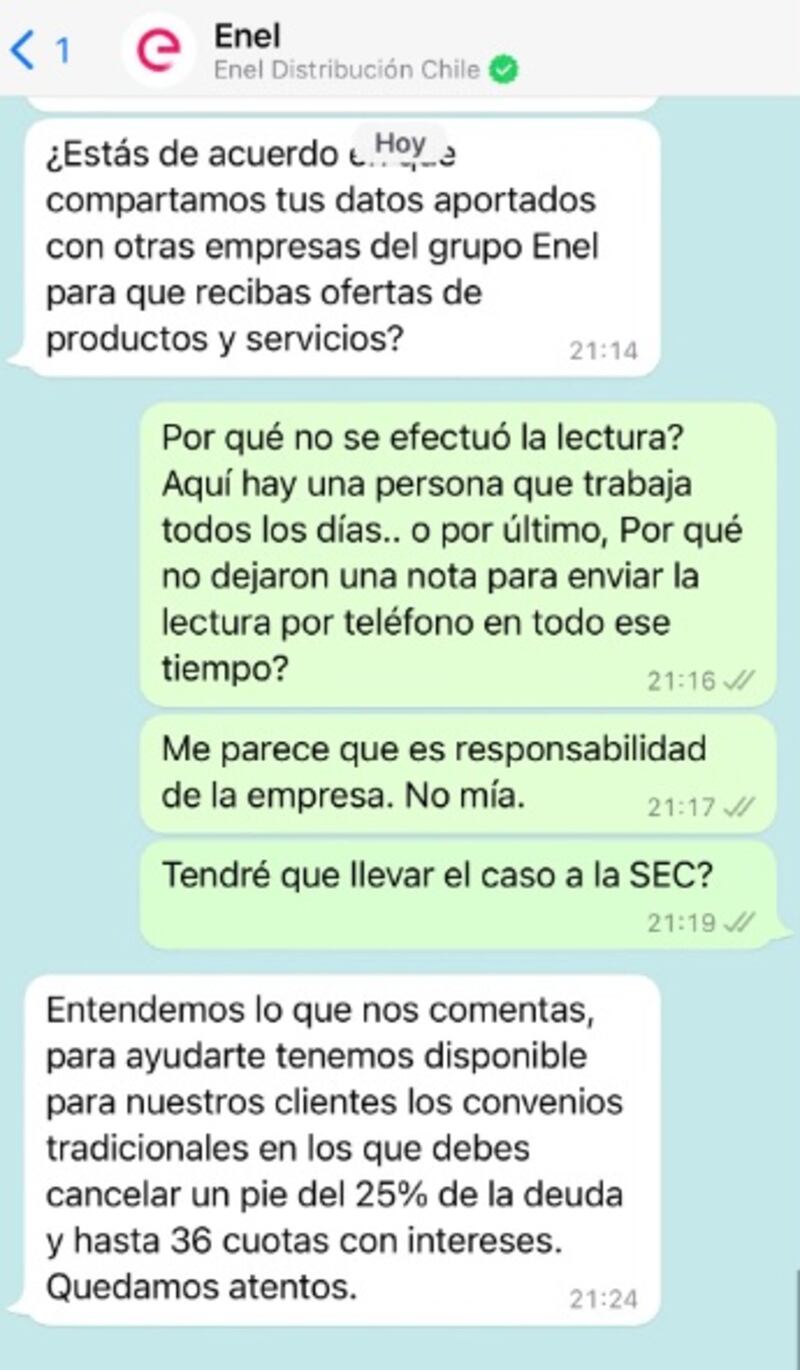 Luz Valdivieso mostró la particular respuesta que le dio Enel por el cobro excesivo del servicio.