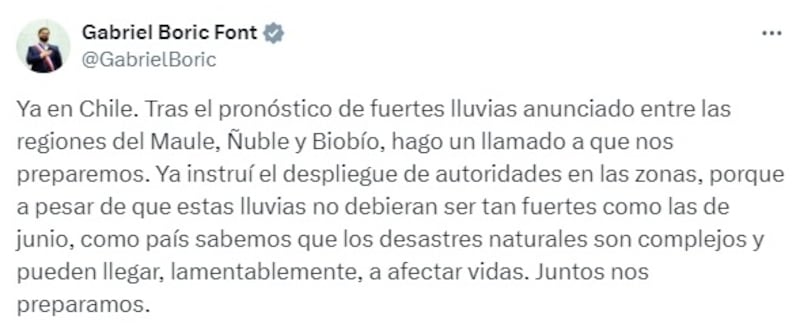 El mandatario llamó a estar alertas ante el próximo frente lluvioso que se avecina a la zona central de Chile.