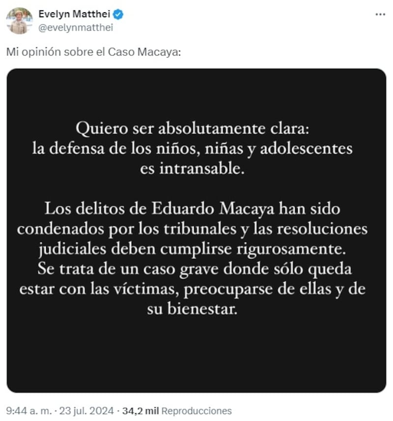 La alcaldesa de Providencia se mostró contraria a la defensa de Javier Macaya a su padre, condenado por abuso sexual agravado a menores.