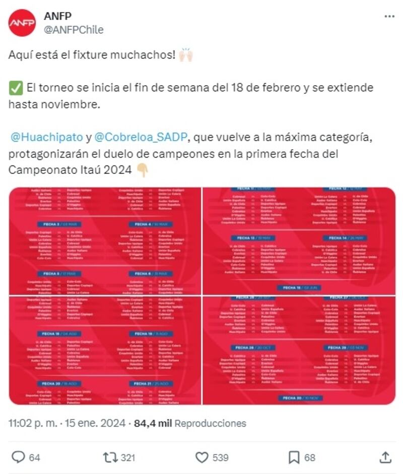 La ANFP oficializó en sus redes sociales el calendario de partidos del Campeonato Nacional de este año.