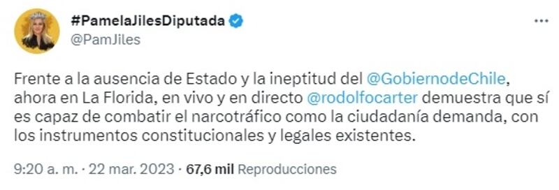 La diputada Pamela Jiles valoró la iniciativa del alcalde Rodolfo Carter, en La Florida, al demoler los arreglos de una nueva narco-casa.