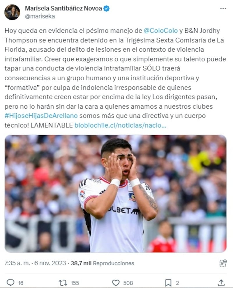 La parlamentaria cuestionó esta mañana en sus redes sociales al club albo y los dirigentes de la concesionaria ByN al conocerse la nueva detención de Jordhy Thompson por una denuncia de violencia intrafamiliar.