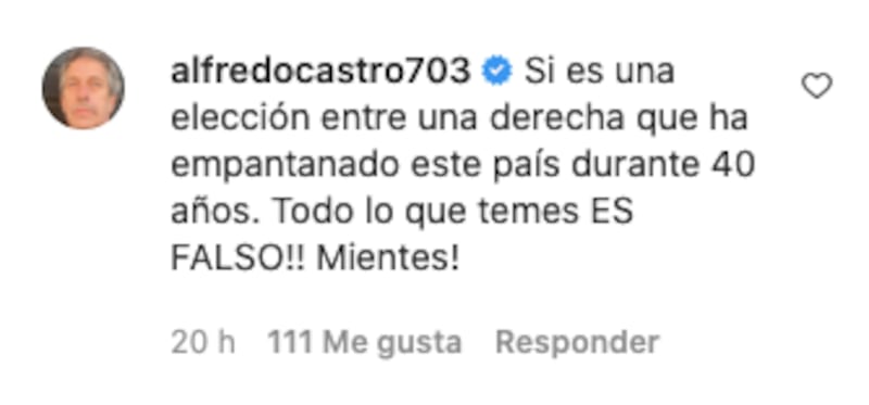 Comentario de Alfredo Castro | Fuente: Instagram