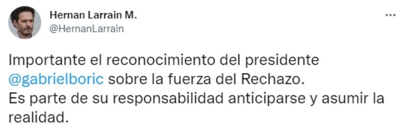 El convencional Hernán Larraín publicó su opinión a los dichos de Boric en su cuenta de Twitter.