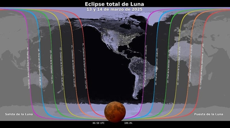 Mapa Eclipse Total Lunar jueves 13 de marzo