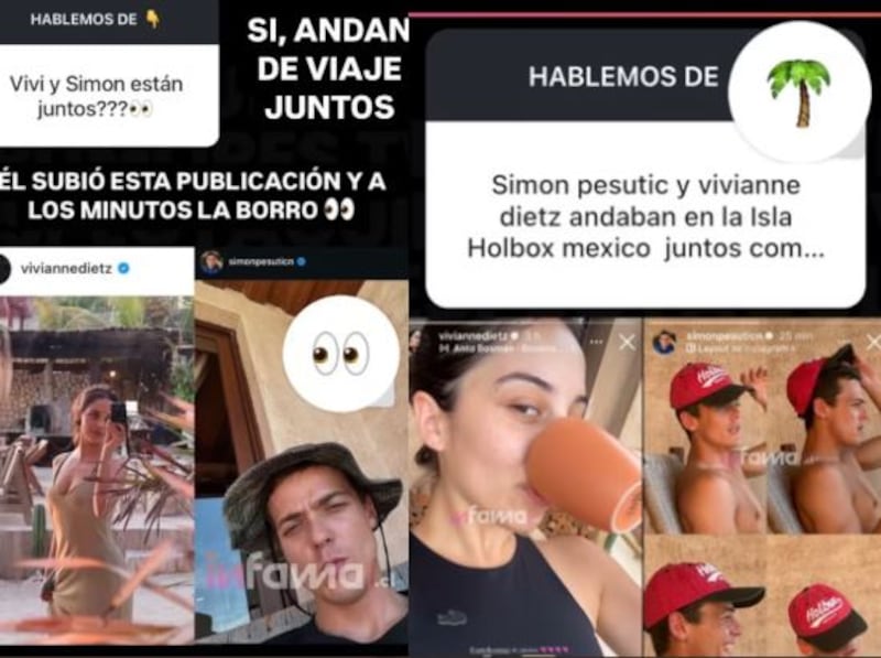 Dicen que si el río suena es porque piedras trae. Y, al parecer, estaría sonando fuerte el rumor de romance entre el actor Simón Petusic y su compañera de Mega, Vivianne Dietz, luego que ambos compartieran fotografías en sus respectivas cuentas de Instagram, mostrando lugares similares desde México. 
Fueron los ágiles del medio Infama quienes sacaron las capturas de pantalla y las publicaron en su red social, luego que las fotos fueran borradas por el hijo del también actor Mauricio Petusic. 
Fue una usuaria que preguntó si es que ellos andaban juntos, a lo que el portal compartió los registros.
“Sí, andan de viaje juntos. Él subió esta publicación y a los minutos la borró”. Además, agregaron que el romántico lugar corresponde a la Isla Holbox. 
Simón y Vivianne actualmente comparten roles en el remake de Mega. Él interpreta  a Juan Cristóbal, mientras que ella a Teresita, hija de José Luis Echeñique (Gabriel Cañas) y Leonor Amenábar (María Gracia Omegna).
 Los personajes de Simón Petusic
El actor chileno Simón Pesutic sigue consolidando su carrera en la televisión. Recientemente fue confirmado para sumarse a los remakes de dos teleseries icónicas: “Amores de Mercado” y “El Señor de la Querencia”. El joven intérprete, quien ha destacado recientemente por sus roles en “Generación 98″ y “Secretos de Familia”, se prepara para asumir nuevos desafíos que lo mantendrán en la pantalla durante un largo tiempo.