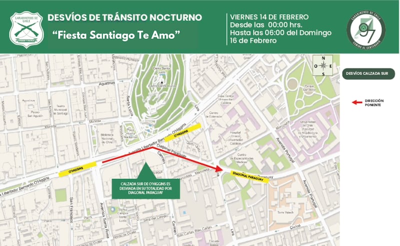 Desvíos de Tránsito debido al evento “Santiago Te Amo” que se realizará este sábado 15 de febrero