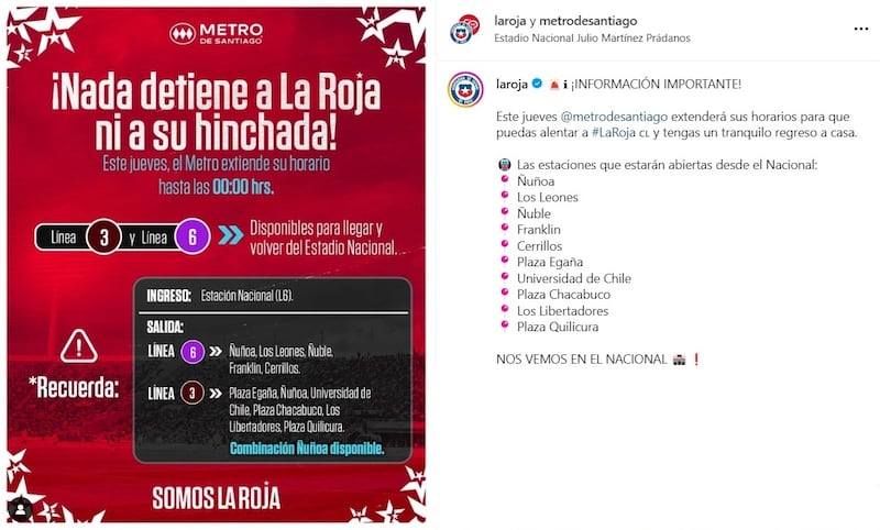 Las estaciones del Metro de Santiago estarán abiertas hasta las 00:00 horas la noche del partido entre la Roja y Brasil.