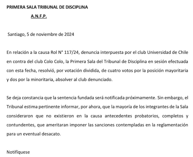 El tribunal resolvió en favor de Colo Colo.