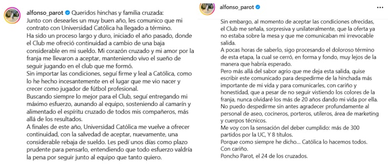 El defensor escribió en su cuenta oficial de Instagram una sentida despedida a los hinchas cruzados.