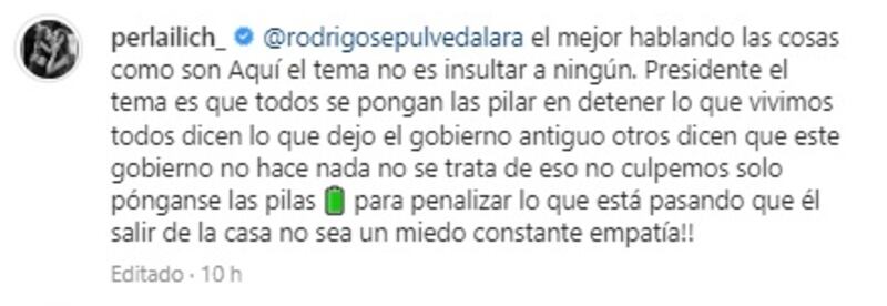 Perla Ilich apoyó las críticas de Rodrigo Sepúlveda al Presidente Gabriel Boric.