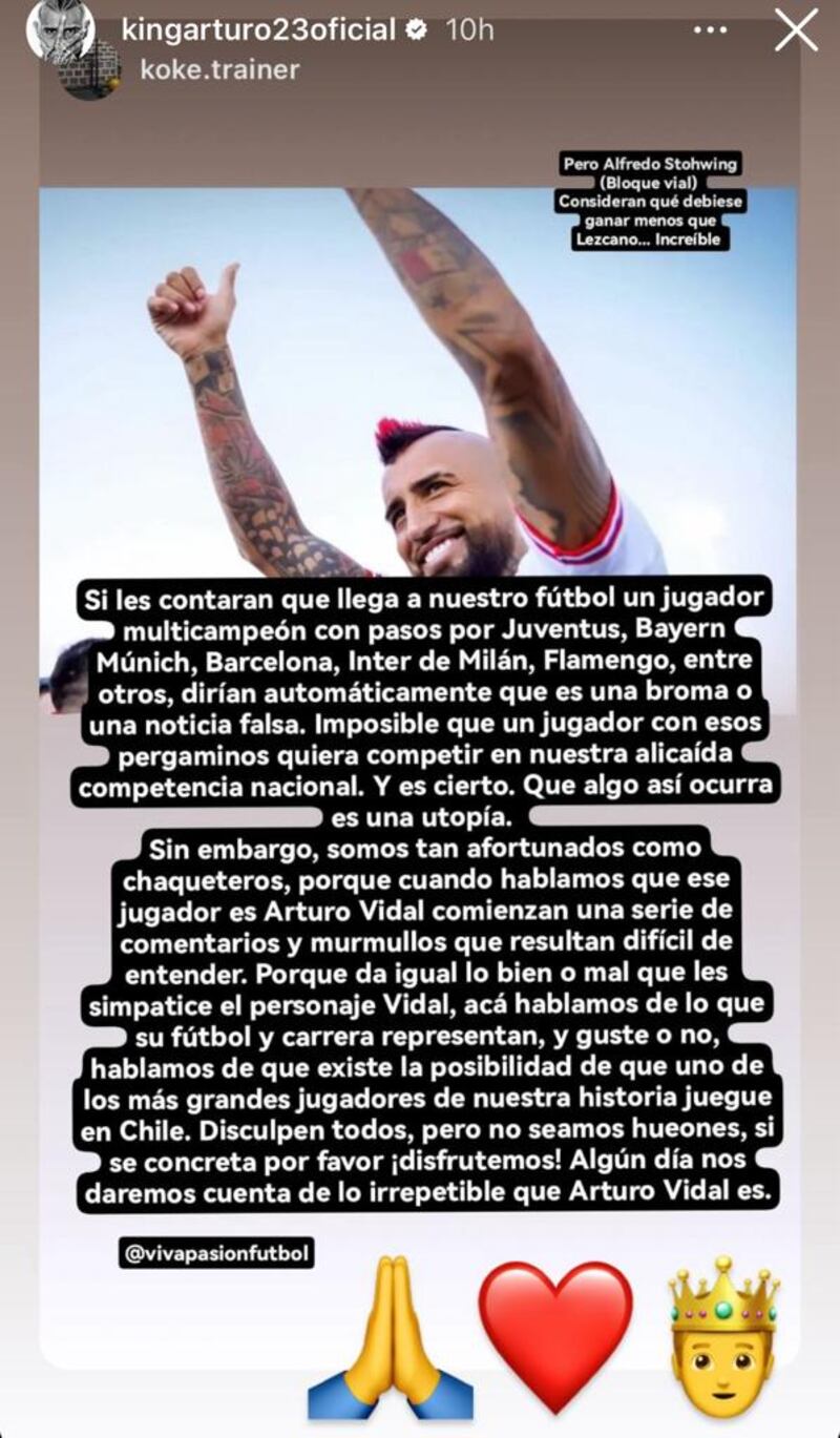 Carta compartida por Arturo Vidal