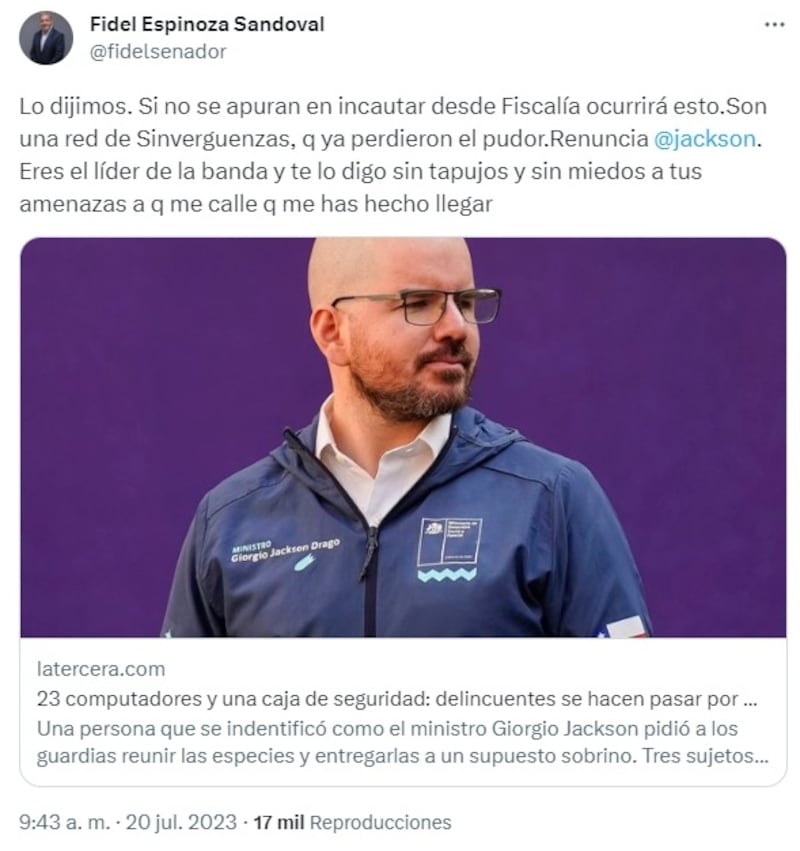 El senador socialista fue lapidario en su publicación de redes sociales en contra del ministro Giorgio Jackson.