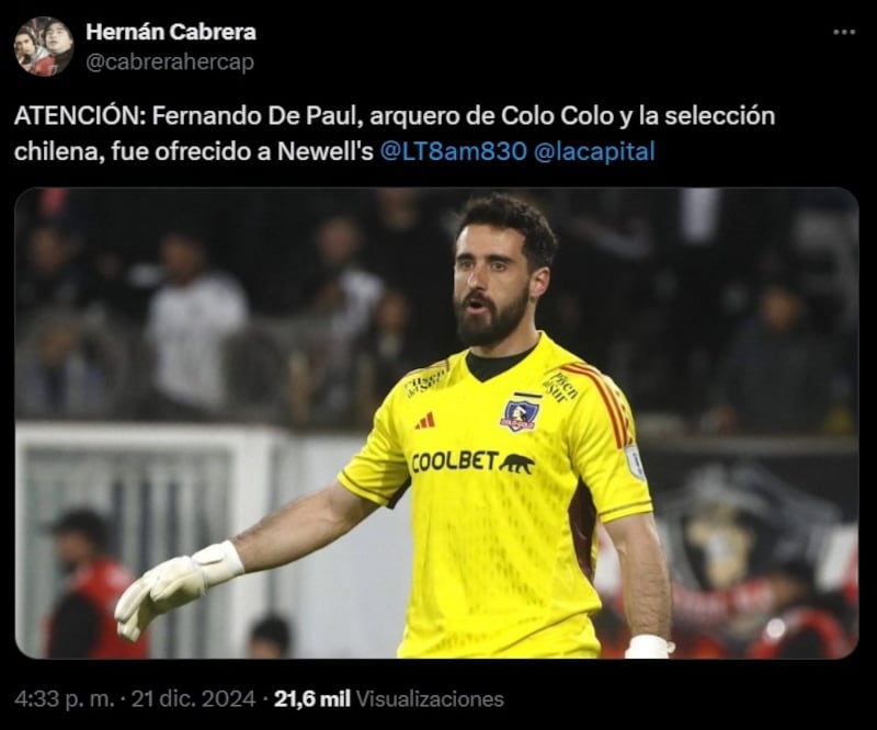 La prensa argentina aseveró que los representantes del arquero colocolino lo ofrecieron a Newell's Old Boys.