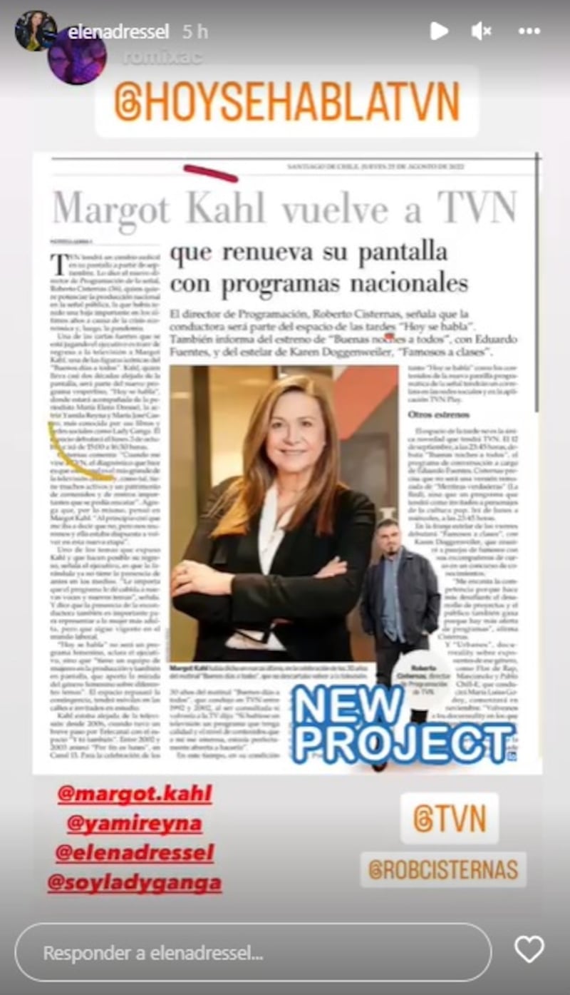 La periodista María Elena Dressel confirmó que estará en el nuevo programa de TVN conducido por Margot Kahl.