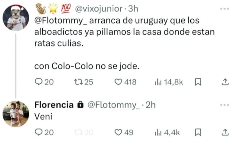 Florencia Pouso tuvo que proteger sus publicaciones en la red social X luego de ser amenazada por los problemas contractuales de su esposo, Maximiliano Falcón, con Colo Colo.