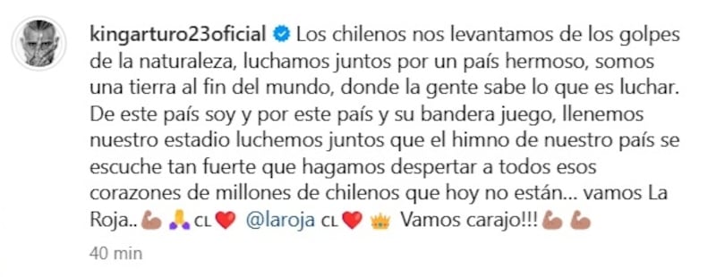 El King hizo un llamado a los hinchas chilenos y a sus compañeros de la selección para dejarlo todo en el partido de esta noche ante Venezuela.