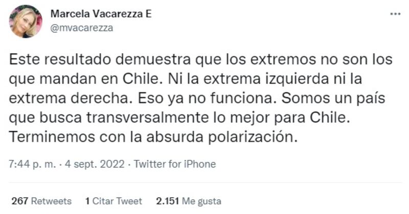 Marcela Vacarezza celebró en sus redes sociales el triunfo de la opción Rechazo a la nueva Constitución.