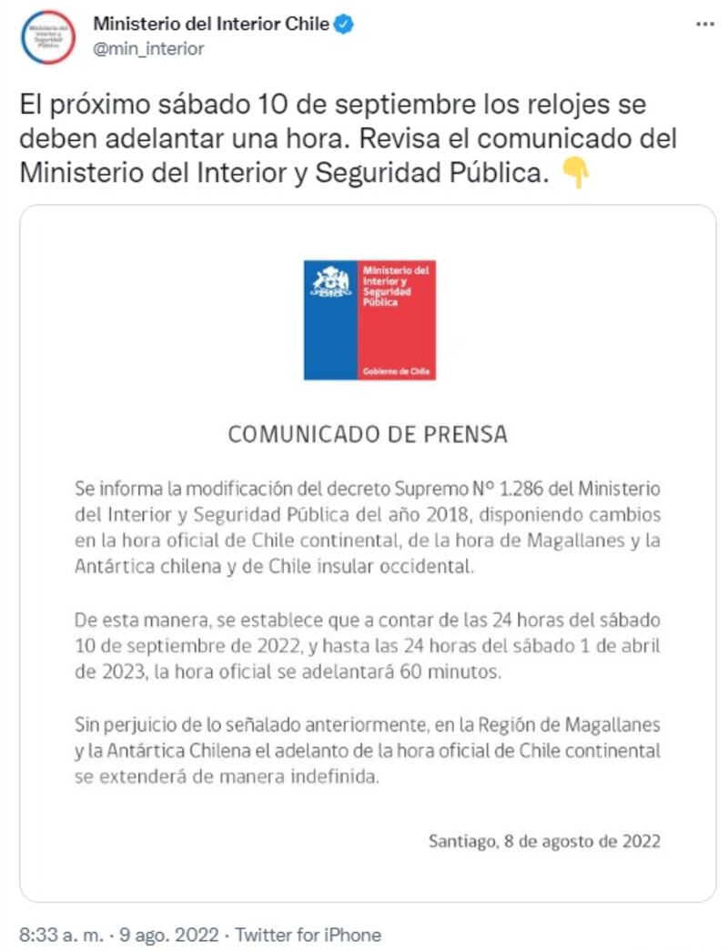 El Ministerio del Interior confirmó esta mañana la modificación de la fecha para realizar el cambio de hora en Chile. Se realizará definitivamente el sábado 10 de septiembre y no el día del plebiscito de salida de la nueva Constitución.