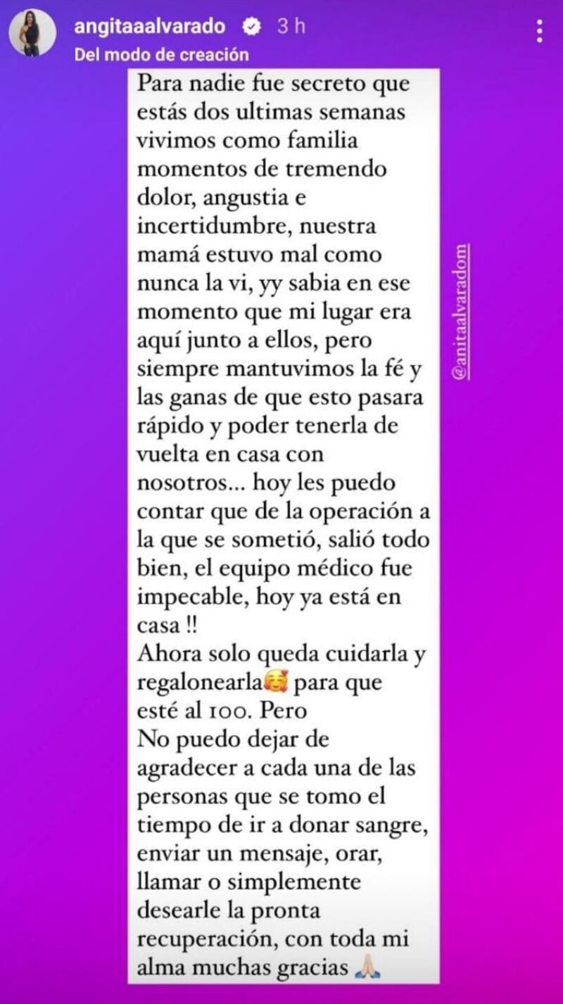 Angie Alvarado agradeció el apoyo anónimo que recibió su madre con los dadores de sangre y los mensajes que recibió pidiendo por la salud de Anita Alvarado.