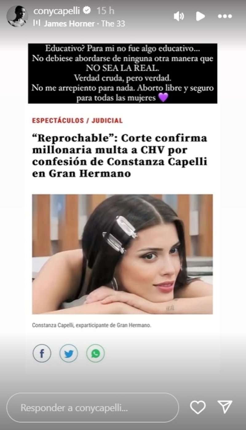 La chica reality se pronunció respecto del fallo de la Corte de Apelaciones de Santiago, que ratificó la multa de 200 UTM que el CNTV le dio a CHV por emitir en horario para menores y de "forma banal", los dichos de Capelli respecto del aborto.