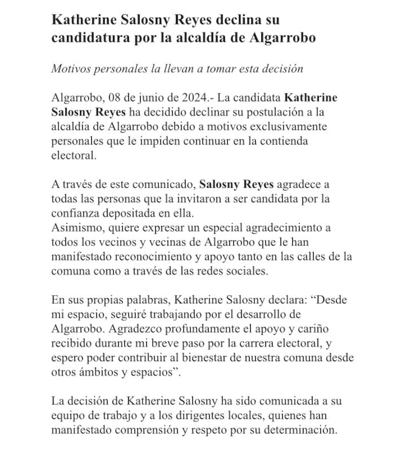 La mediática figura televisiva adujo "motivos personales" para bajar su candidatura a la alcaldía de Algarrobo.