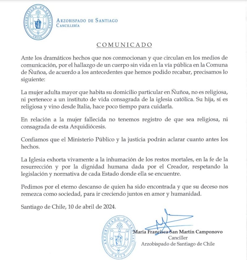 Comunicado Arzobispado de Santiago