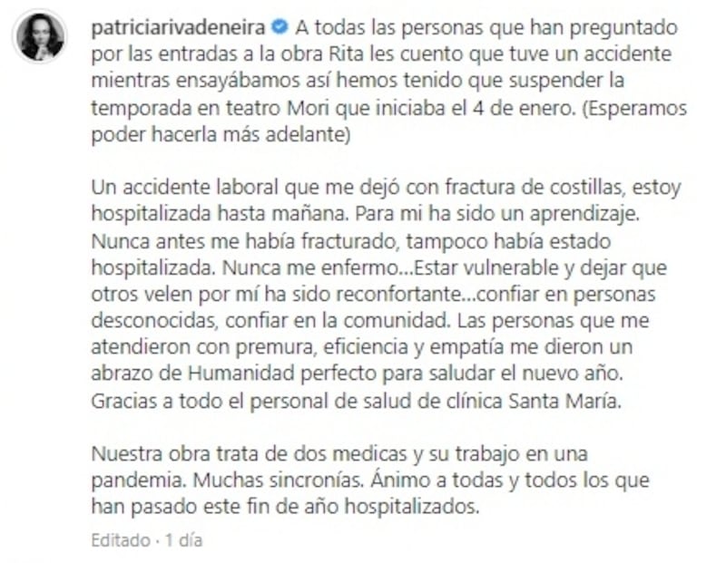 La actriz dio cuenta de la seriedad de su accidente en su plataforma social.