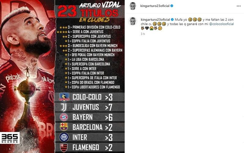 Vidal descartó en sus redes sociales el ser una "mufa" de Colo Colo por perder ante la U en el estadio Monumental.