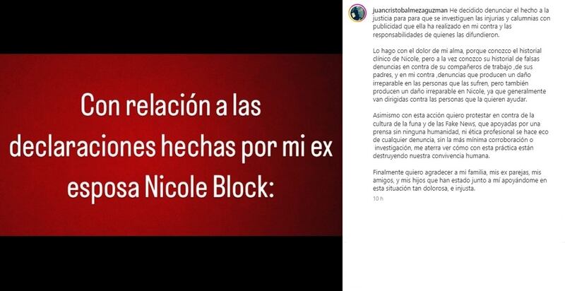 El compositor Juan Cristóbal Meza anunció que presentará una denuncia en tribunales en contra de su exesposa, Nicole Block.