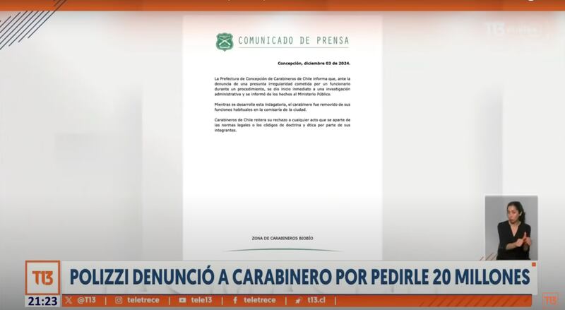 Comunicado de prensa de Carabineros por solicitud de préstamo a Camila Polizzi | Captura: T13 de Canal 13