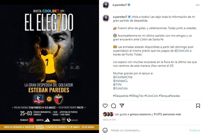 El goleador histórico del fútbol chileno anunció en sus redes sociales la fecha y horario para la compra de entradas para su partido de despedida del fútbol del próximo 25 de marzo, en el estadio Monumental.