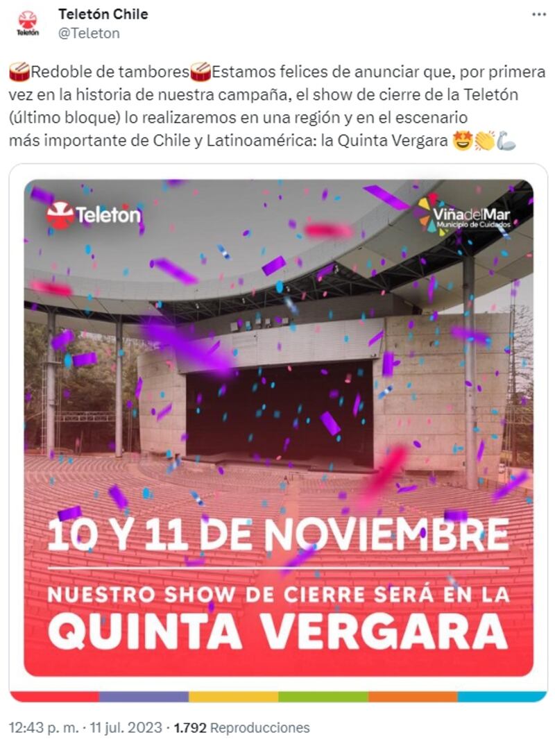 La Teletón de este año tendrá su cierre en el escenario de la Quinta Vergara.