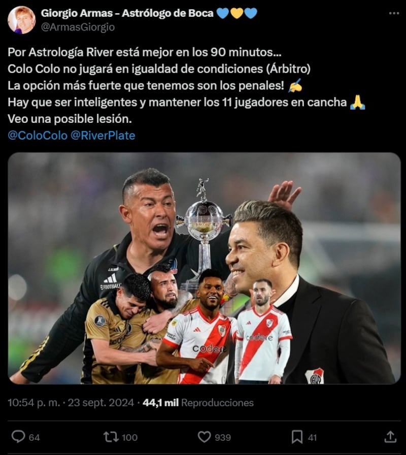 Giorgio Armas predijo que Colo Colo tendrá un encuentro muy complicado esta noche ante River Plate.