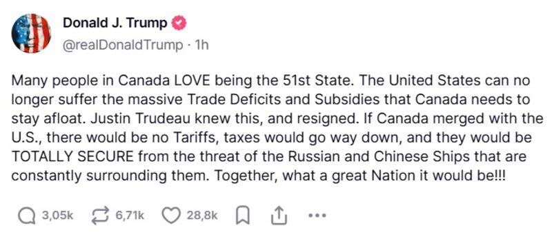 El electo presidente de Estados Unidos reaccionó en sus redes sociales a la renuncia que este lunes anunció el Primer Ministro canadiense, Justin Trudeau.