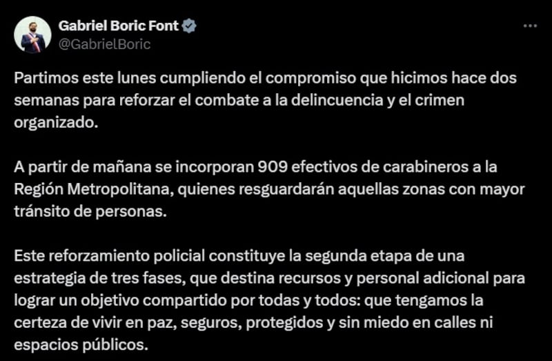 El Presidente Boric anunció esta lunes detalles de la segunda fase del Plan Calles Sin Violencia, con la incorporación de más de 900 efectivos de Carabineros.