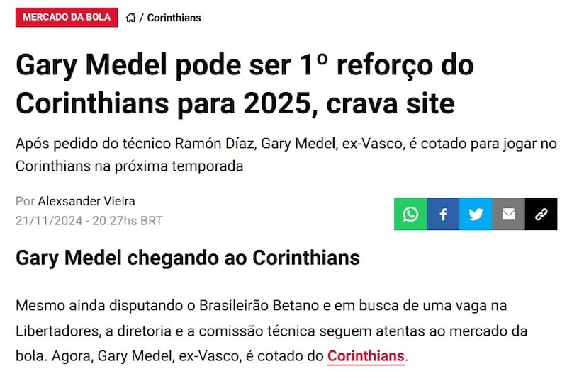 Según el portal brasileño, el defensor nacional podría regresar a la liga de ese país luego de recibir una oferta de Corinthians.