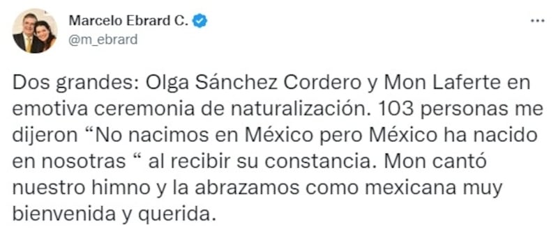 El Secretario de Relaciones Exteriores de México, Marcelo Ebrard, fue quien oficializó en sus redes sociales la nacionalización de la cantante chilena Mon Laferte.