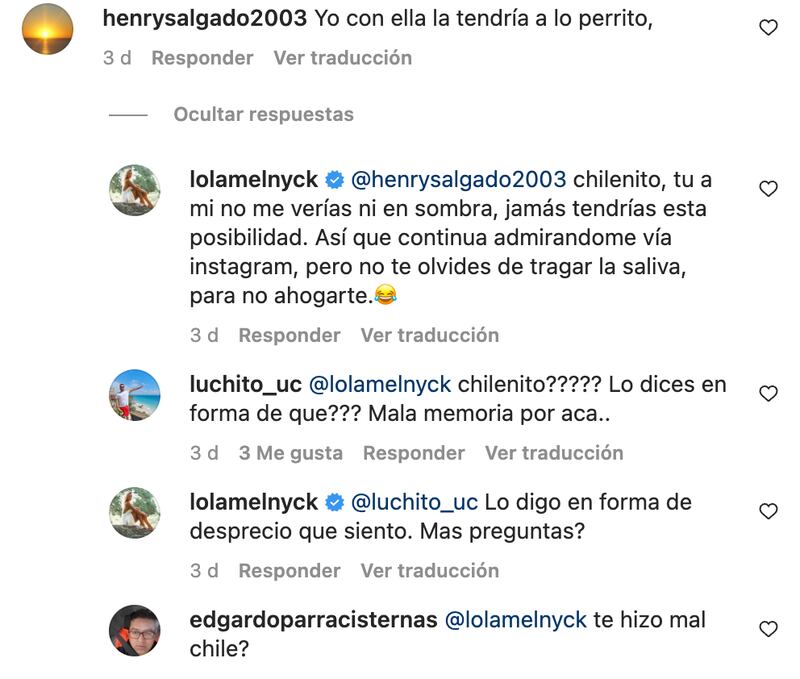 Comentarios Lola Melnyck | Fuente Instagram