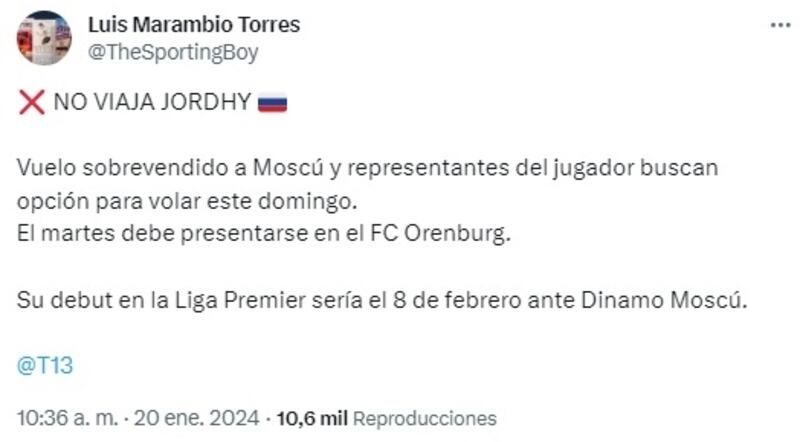 El juvenil de Colo Colo no pudo viajar este sábado a Rusia para ser presentado en su nuevo club, el FC Orenburg.