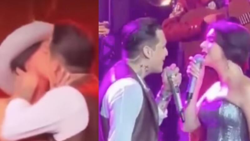 Christian Nodal y Ángela Aguilar beso en concierto