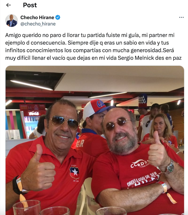 Tweet de Checho Hirane sobre Sergio Melnick | Captura: X (Twitter)