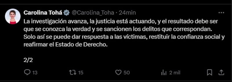 La jefa de la cartera de Interior escribió en sus redes sociales luego de conocerse la detención de Manuel Monsalve.