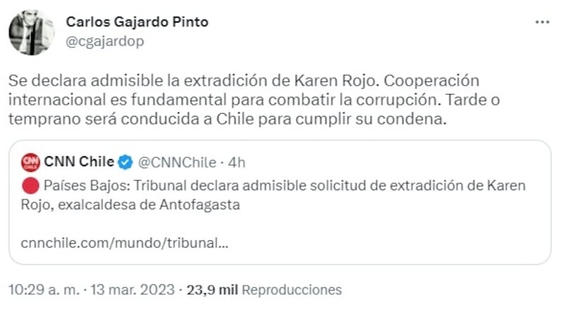 El exfiscal valoró que la justicia de Países Bajos haya declarado admisible la extradición de la exedil de Antofagasta al país para cumplir su condena de cinco años y un día por el delito de fraude fiscal.