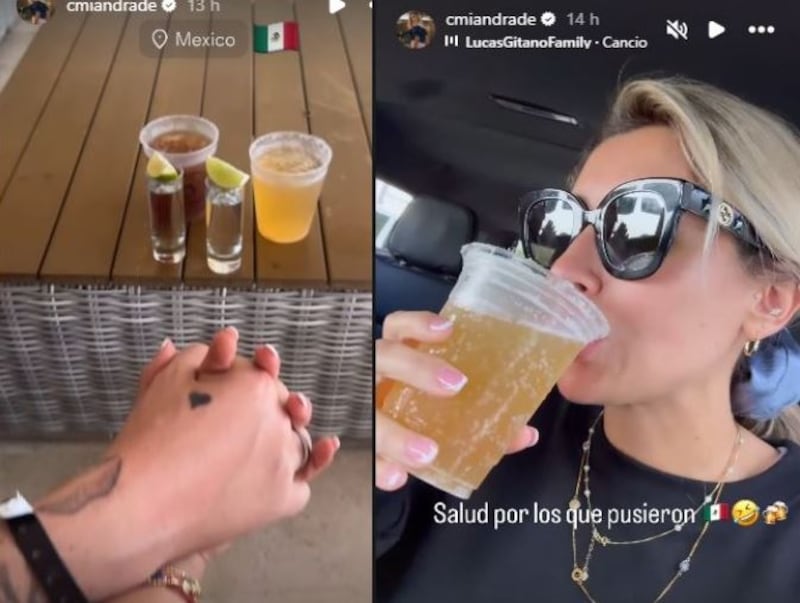 Con shots de tequila, cervezas micheladas, el mar a sus pies y las manos juntas con sus respectivas pulseras all inclusive en sus muñecas. Así fueron las postales que Camila Andrade compartió en su cuenta de Instagram, respecto a su paradisiaco viaje a México junto a su pareja Francisco Kaminski. 
Si días atrás compartió un video bailando la canción “Soltera” de Shakira, que se prestó para todo tipo de interpretaciones, ahora quedó más que claro están más juntos que nunca y el amor sigue en pie. 
La exparticipante de Gran Hermano compartió varias historias en su red social, primero preguntando a sus seguidoras hacía donde creían que estaba emprendiendo vuelo, colocando varias alternativas de destino, entre ellas México. 
Así, fue informando de su aventura, revelando que llegó a destino lo que ameritó a que hiciera salud con un vaso de michelada arriba del vehículo que los fue a buscar al aeropuerto y los llevó rumbo al hotel. 
“Salud por los que pusieron México”, escribió mientras bebía del burbujeante brebaje amarillo.