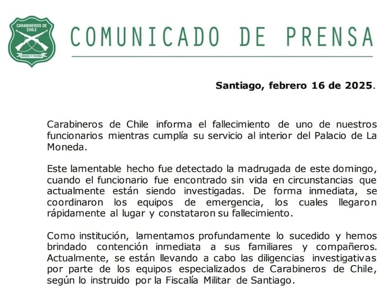 El comunicado de Carabineros por el deceso de uno de sus funcionarios en La Moneda.