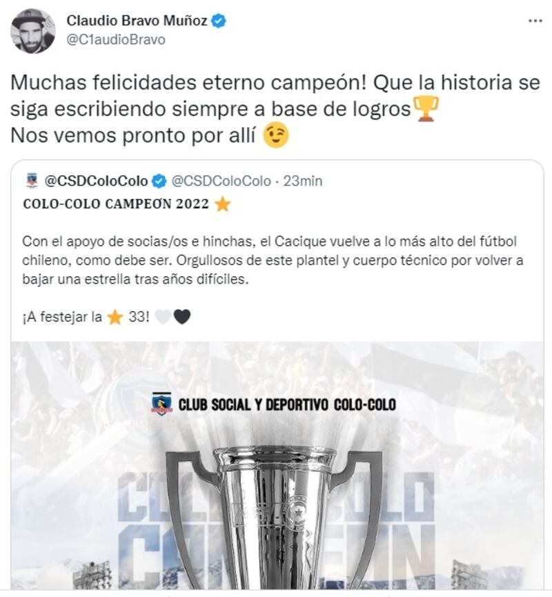 El arquero de Betis felicitó el nuevo título de Colo Colo en sus redes sociales.